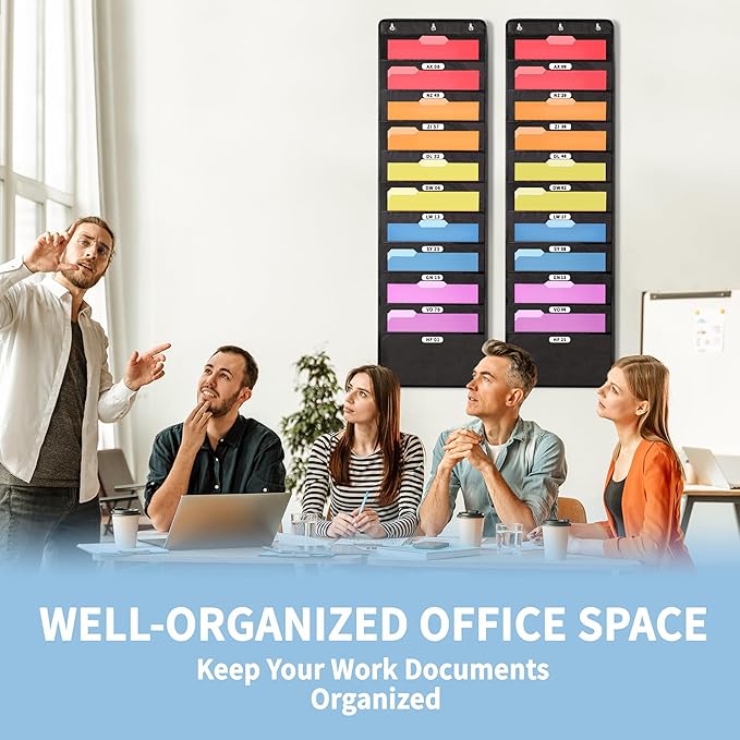 Annecy 10 Pockets Hanging Wall File Organizer, Black Storage Pocket Chart for File Folder and Paper, Space Saver for Office and Classroom, with Wall Hangers, Over The Door Hooks, Labels