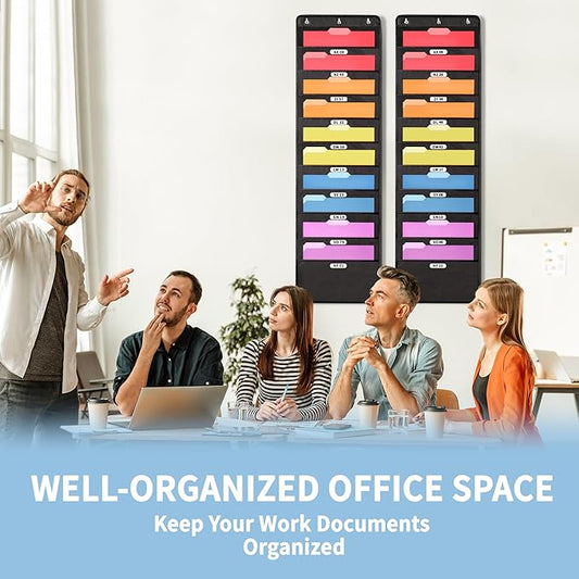 Annecy 10 Pockets Hanging Wall File Organizer, Black Storage Pocket Chart for File Folder and Paper, Space Saver for Office and Classroom, with Wall Hangers, Over The Door Hooks, Labels
