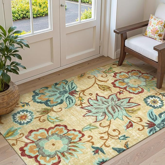 Lahome Floral Living Room Rug - 3x5 Area Rugs for Bedroom Machine Washable Non-Slip Throw Kitchen Entryway Rug Soft Beige Paisley Print Distressed Capet for Office Laundry Room Dining Room Bathroom