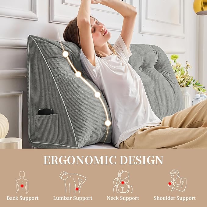 Sasttie Headboard Pillow Queen, Triangular Wedge Pillow Headboard, Wedge Headboard Pillow for Bed Sofa, Daybed Pillows for Sitting up, Reading or Working with Removable Cover, Light Grey
