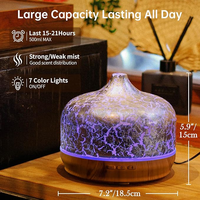 Porseme 500ml Essential Oil Diffuser Silver Plated Glass Aromatherapy Ultrasonic Humidifier - Auto Shut-Off, BPA Free for Home Hotel Yoga SPA Gift