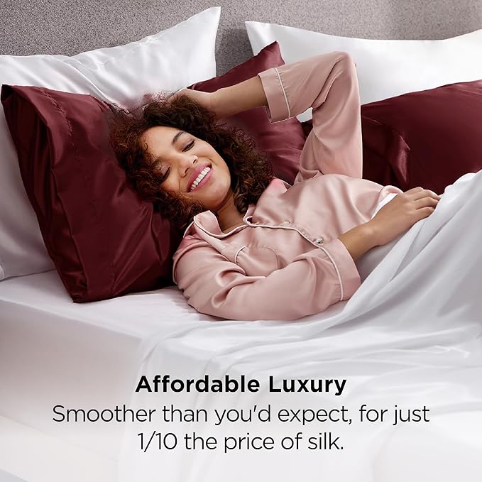 Bedsure King Size Satin Pillowcase Set of 2 - Christmas Pillow Cases for Hair and Skin with Envelope Closure, Similar to Silk Pillow Cases, Gifts for Women Men, Burgundy, 20x36 Inches, 2pcs