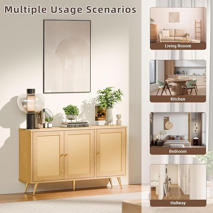 JAMFLY Buffet Cabinet with Set of 2 Storage, Kitchen Storage with 3 Rattan Decorated Doors, Accent Cabinet Sideboard for Dining Room, Living Room, Entryway, Hallway, Natural