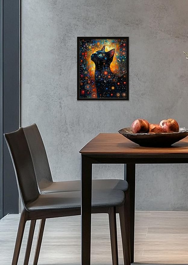 Monet Style Black Cat Wall Art Prints Cat Looking Up At The Stars Poster Canvas Art Wall Decor Picture For Bedroom Office Bathroom Wall Decor Aesthetic Home Artwork 12" × 16" With Framed