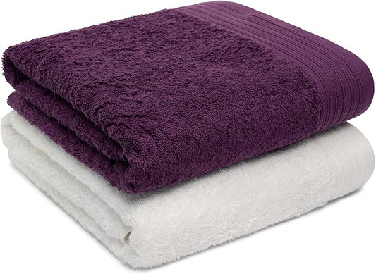 100% Cotton Towels 35" X 70" | Plum & White Towels Set of 2 Ultra Soft and Highly Absorbent Bath Towel Set Cotton, Gym, Hotel, Spa, Machine Washable