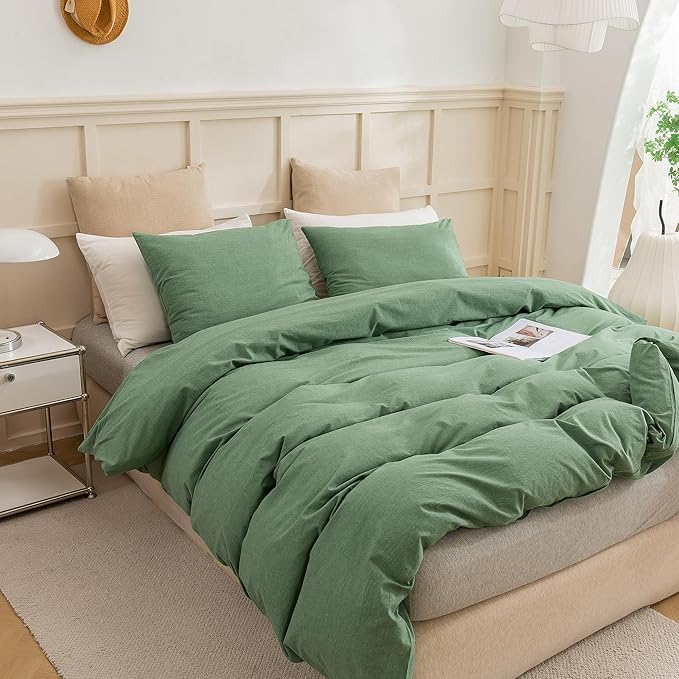 ECOCOTT Sage Green Duvet Cover King Size, 3 Piece 100% Washed Cotton 1 Duvet Cover with Zipper and 2 Pillowcases, Ultra Soft and Easy Care Breathable Cozy Bedding Set(Sage Green, King)