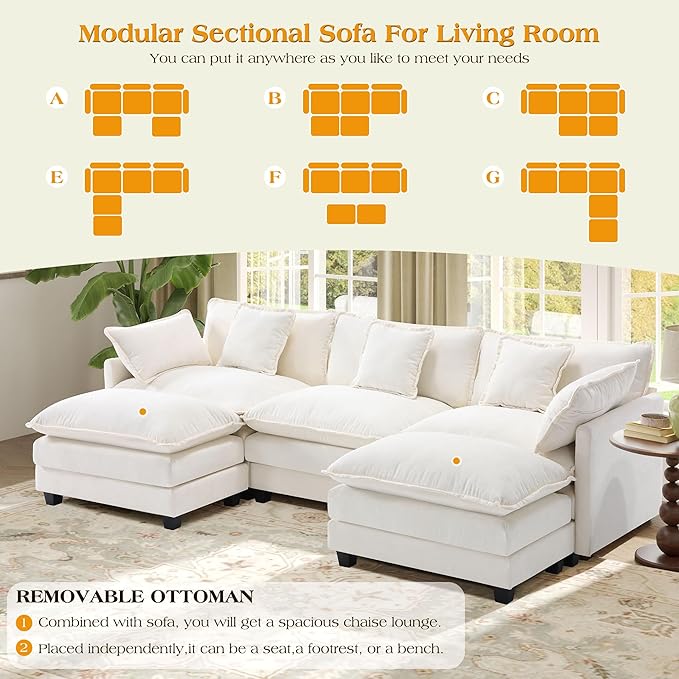 113.4" Modular Sectional Sofa,U Shaped Couch for Living Room,Modern Deep Seat Sofa 3 Seater Chenille Fabric Comfy Cloud Couches with Throw Pillows & Movable Ottoman