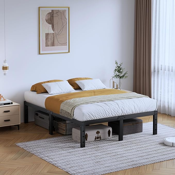 King Metal Bed Frame - 14 Inch Tall Heavy Duty Bedframe Black Basic Steel Slats Platform No Box Spring Needed/Easy Assembly/Noise Free