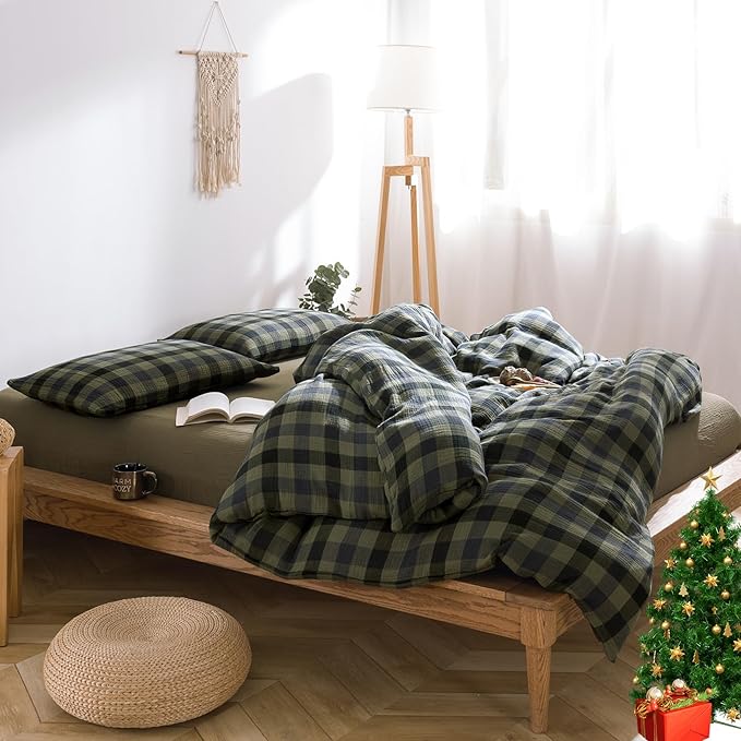 VM VOUGEMARKET Green Navy Plaid Duvet Cover King Muslin Cotton Bedding Set Soft Breathable Linen Like Gauze Comforter Cover with Zipper Closure for Adults-3 Pieces,104"x90"