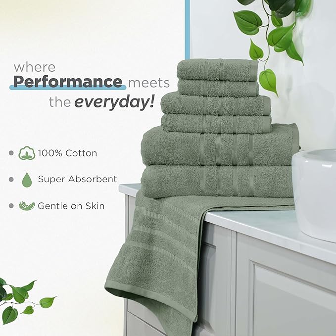 Martex 6-Piece Towel Set – Ultimate Performance – 100% Cotton – 2 Bath Towels – 2 Hand Towels – 2 Wash Cloths – Versatile – Low-Linting – Supersoft & Absorbent Bathroom Set – Easy Care – Sage