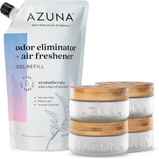 Azuna Air Freshener & Odor Eliminator for Strong Odor | 4 Room Kit Includes (4) Empty Luxe Glass Jar & 24oz Gel Refill with Tea Tree Essential Oil | Aromatherapy | Last 60-90 Days