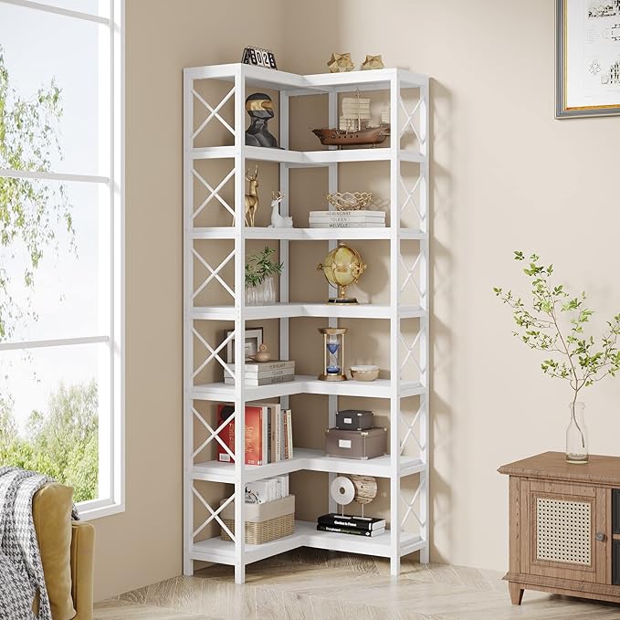 Tribesigns 7-Tier Corner Bookcase, Industrial Large Corner Bookshelf, 7-Shelf Tall Corner Shelf Storage Display Rack with Metal Frame for Living Room Home Office, White