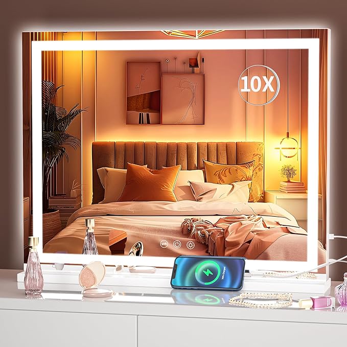 Hasipu Vanity Mirror with Lights, 23" x 18" LED Makeup Mirror, Lighted Makeup Mirror with Dimmable 3 Modes, Touch Screen Control Vanity Mirror Square White