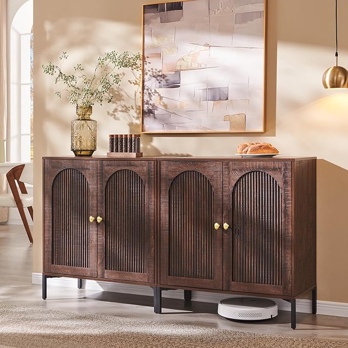 Bathroom Cabinet with Storage, 61.75" W Fluted Arched Free Standing Floor Cabinet w/Adjustable Shelves, Modern Sideboard Cabinet for Bathroom, Kitchen, Living Room, Entryway, Brown