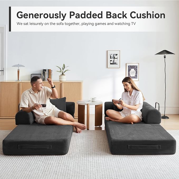 Convertible Sleeper Bed with Cylindrical Pillow, Comfy Foldable Bed Compressed Sofa in Box, Floor Sofa Lounge Couch for Living Room Bedroom Lounge Studio, Tool-Free Assembly (Black)