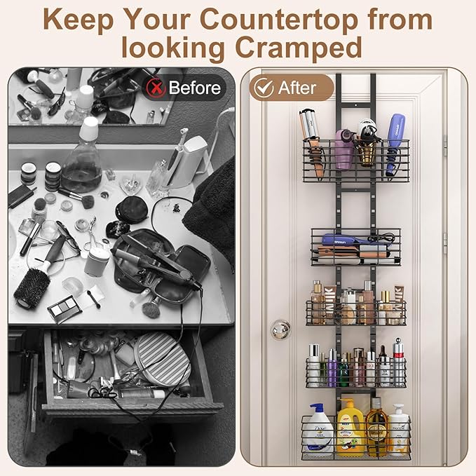 5-Tier Over The Door Organizer Bathroom - Hair Dryer Holder - Hair Tool Organizer Adjustable Height, DIY Bathroom Storage Shelf Wall Mounted for Flat/Curling Irons, Straighteners, Skincare