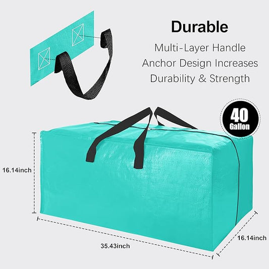 6 Pack Heavy Duty Extra Large Moving Bags W/Backpack Straps - Strong Handles & Zippers, Storage Totes For Space Saving, Fold Flat, Alternative to Box and Bin (40 gal, Aquamarine)