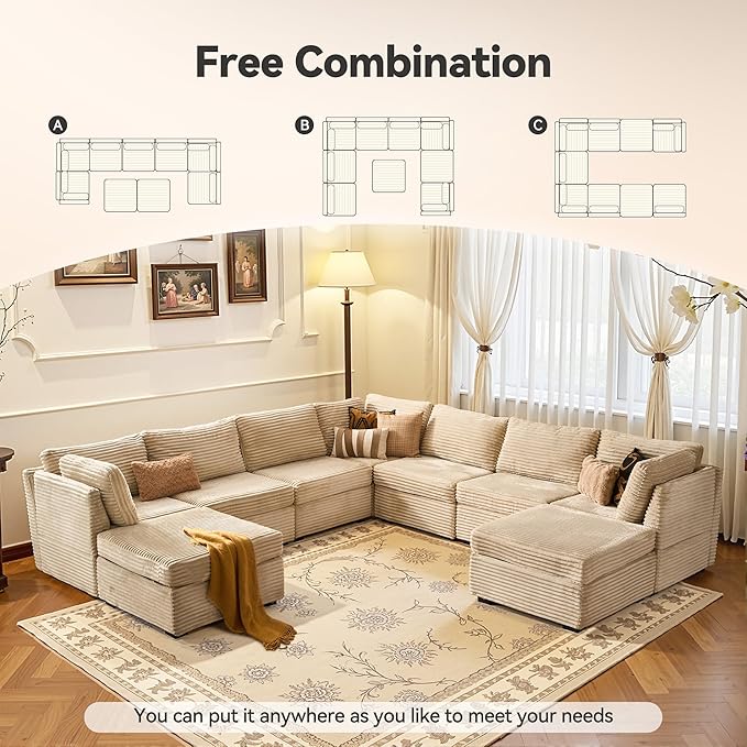Large 9 Seat Modular Sectional Sofa with Ottoman Seat Corduroy Sleeper Sectional Sofa Bed Oversized Convertible Modular Couch for Living Room