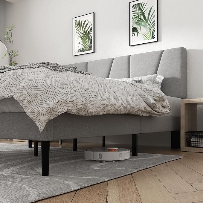 Queen Size Platform Bed Frame with Geometric Upholstered Headboard, Noise Free, Wooden Slats Support, No Box Spring Needed, Easy Assembly, Light Grey, Linen