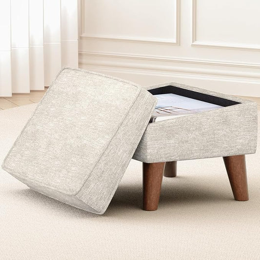 Ottoman Foot Rest, Small Footstool Ottoman with Storage, Modern Foot Stool with Adjustable Lid and Sturdy Wood Legs for Living Room, Bedroom, Couch, Enterway (Beige)
