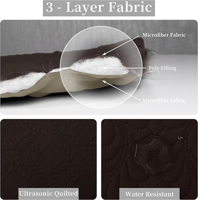 Easy-Going Twin Size Reversible Quilt Set with 1 Quilt and 1 Pillow Sham, Soft Bed Quilt Cover, Water Resistant Lightweight Microfiber Bedspread, Stain Resistant, Olive Leaf-Chocolate/Beige