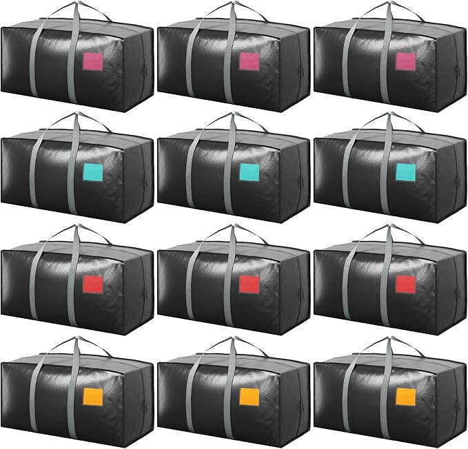 12 Pack Extra Heavy Duty Large Moving Bags with Reinforced Zipper & Wide Handles, Waterproof Storage Bins for Clothes, College Dorm, Travel, and Home Organization, Gray