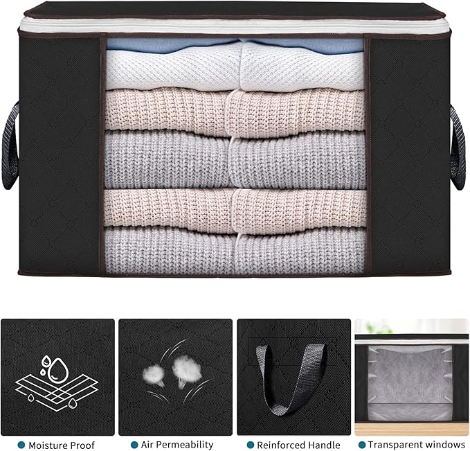 Large Storage Bags, 4 Pack Clothes Storage Bins Foldable Closet Organizers Storage Containers with Durable Handles Thick Fabric for Blanket Comforter Clothing Bedding 90 L (Black)