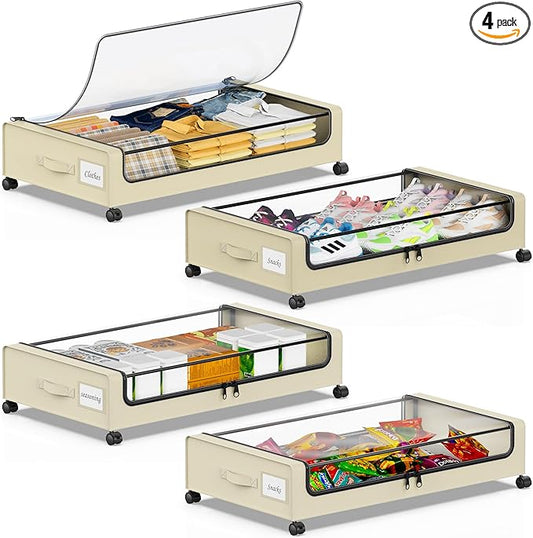 Beborxue Under Bed Storage with Wheels, 4-Pack Under Bed Storage Containers with Clear Lids, XXL 60L Under Bed Shoe Storage Organizer, Rolling Underbed Storage for Clothes, Shoes, Blankets (Beige)
