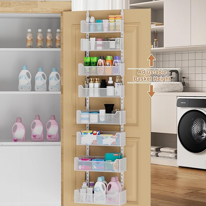 Over The Door Organizer, 8-tier Metal Door Organizer Hanging with Adjustable Baskets, Behind The Door Storage for Bedroom Closet Bathroom Pantry Cabinet Kitchen, White