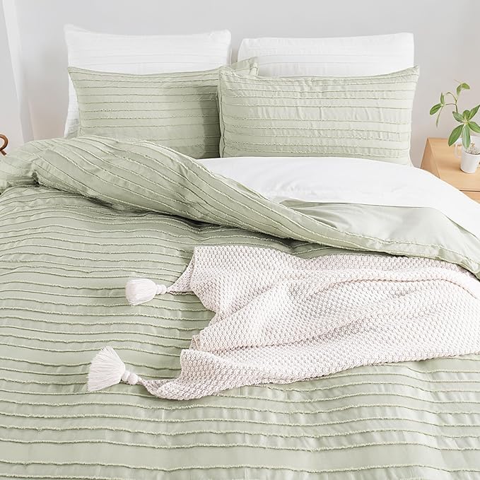 NEXHOME PRO California King Duvet Cover, Blue 3 Pieces Boho Tufted Duvet Cover Set, Soft and Lightweight Microfiber Comforter Cover Set (Sage Green,104 x 98)-No Comforter