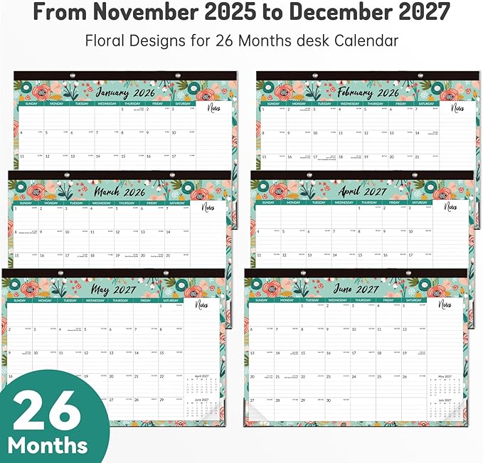 Forvencer Desk Calendar 2026, 26 Months Calendar Runs from November 2025 to December 2027, 17" x 12" Large 2026 Wall Calendar Monthly Planner with Plastic Cover for Home School Office