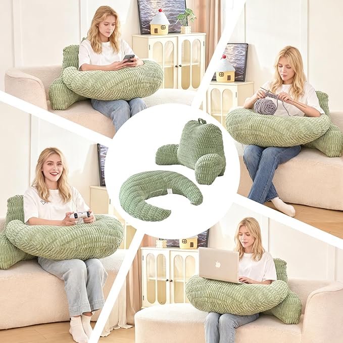 Back Pillow for Bed Sitting Up,U Shaped & Back Support Pillow for Bed,17" Backrest with Lumbar & Arm Support,Comfy Corduroy Fabric,Lap Pillow for Gaming/Reading/Watching TV,Green