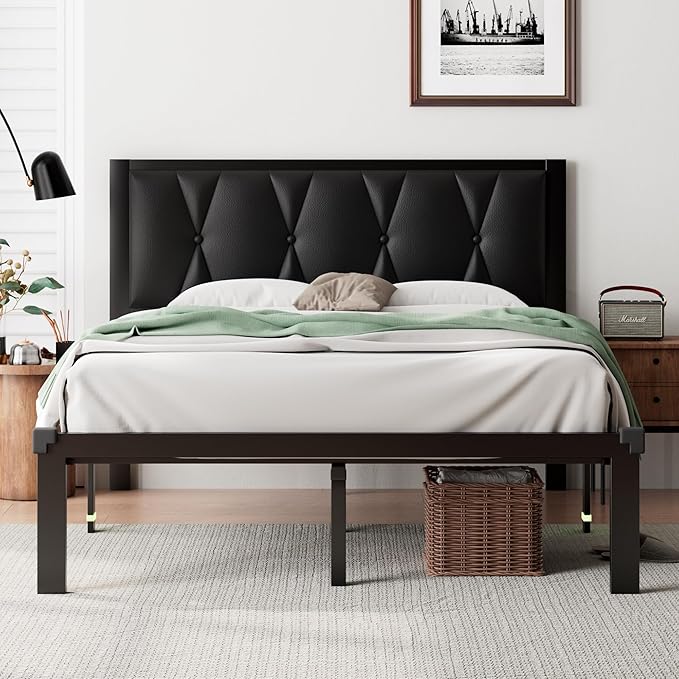 iPormis Full Size Metal Bed Frame, Faux Leather Button Tufted Headboard Platform Bed, Heavy Duty Slats Support, 12" Under Bed Storage, No Box Spring Needed, Easy Assembly, Black
