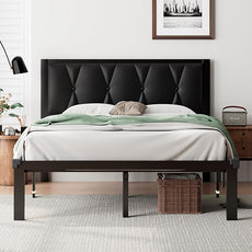 iPormis Queen Metal Bed Frame, Faux Leather Button Tufted Headboard Platform Bed, Heavy Duty Slats Support, 12