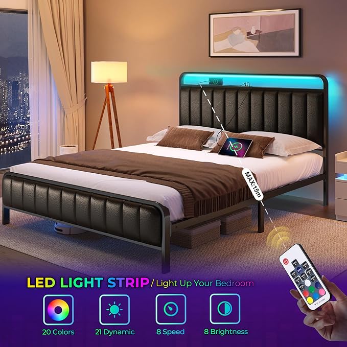 Rolanstar Full Size Bed Frame with LED Light and Charging Station, Upholstered Headboard and Footboard, Metal Slat, Noise Free, Easy Assembly, Black