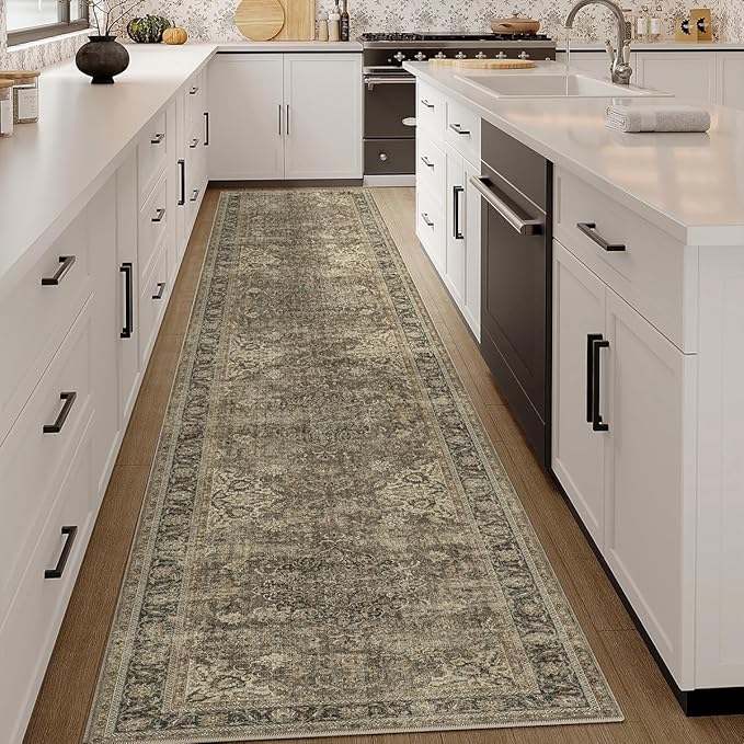 2x12 Washable Brown Runner Rug Vintage Hallway Kitchen Carpet Non-Slip Soft Low Pile Distressed Throw Rug for Bedroom Bathroom Laundry Living Room
