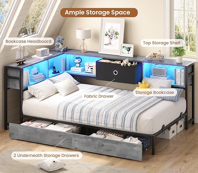 Hasuit Twin Corner Bed Frame with Storage Drawers and Bookcase Headboard, Twin Size Metal Platform Corner Bed Frame with Charging Station and LED Lights, Twin Daybed for Kids Teens Guests, Oak Gray