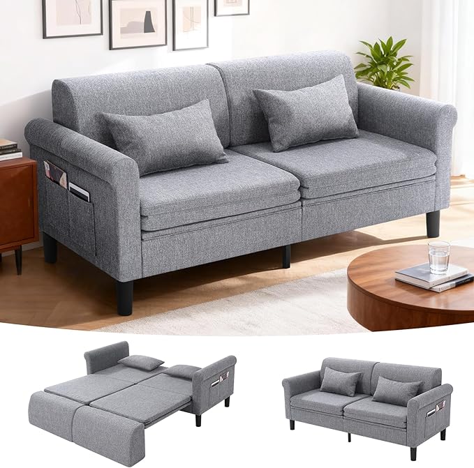 SEJOV 74" Convertible Sofa Bed, 5-in-1 Loveseat Sleeper Sofas with Pull Out Couch Bed, Storage Pockets & 2 Pillows, Modern Folding Linen Futon Couch for Living Room, Bedroom, Small Space, Gray