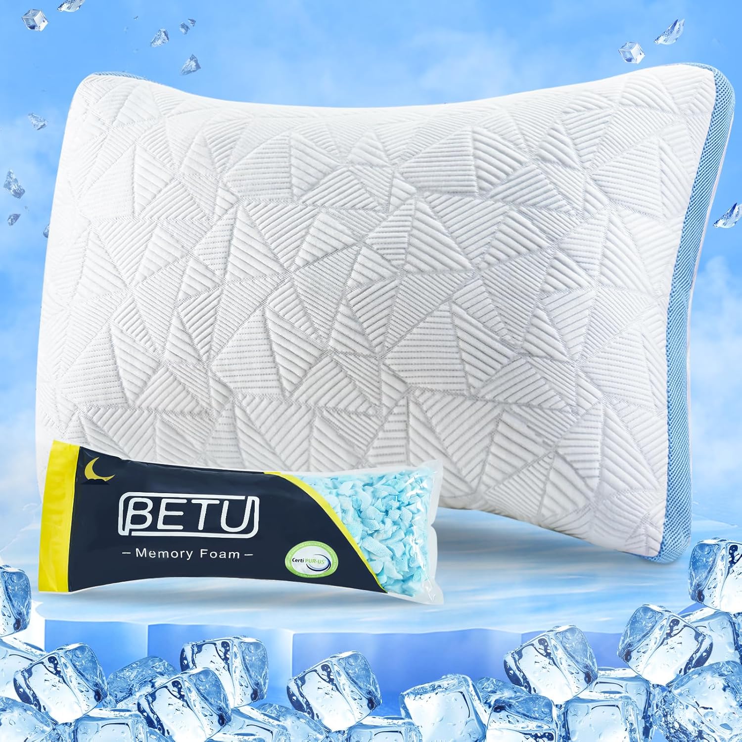 BETU Standard Pillow, Cooling Shredded Memory Foam Pillow for Hot Sleepers College Dorm Room Essentials, Adjustable Firm Gel Cool Pillow for Back Pain and Side Sleeping, Birthday Gifts for Boyfriend Dormly