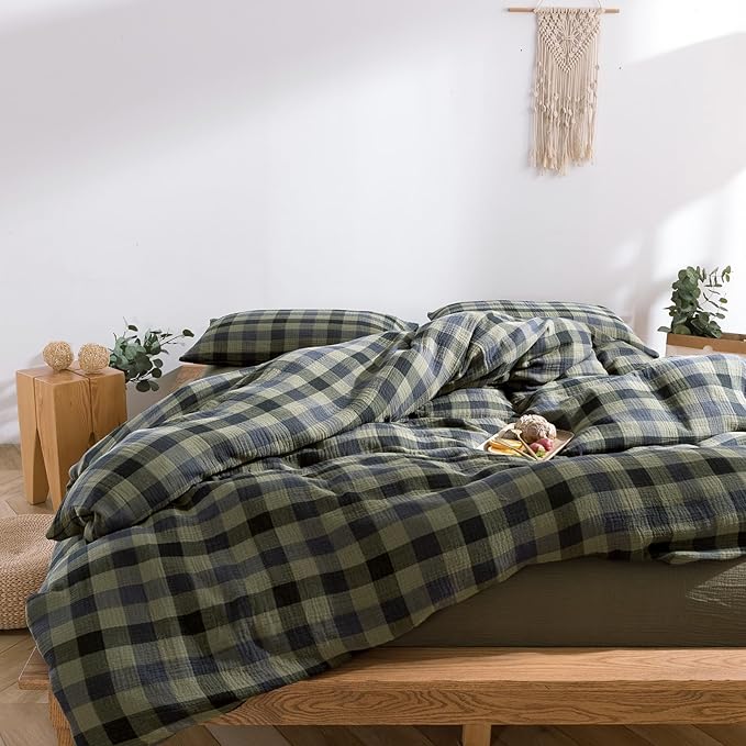 VM VOUGEMARKET Cotton Muslin Duvet Cover Queen Amy Green Plaid Bedding Set Soft Breathable Linen Like Gauze Comforter Cover with Zipper Closure for Teen Men,90"x90"