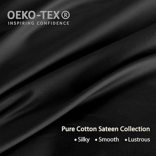 HeimenAogo Egyptian Cotton Duvet Cover Queen Size Sateen Weave, Silky Soft and Breathable Bedding Set with Zipper Closure, Long Staple Cotton Bed Linen Moonless Night Black 3Pcs