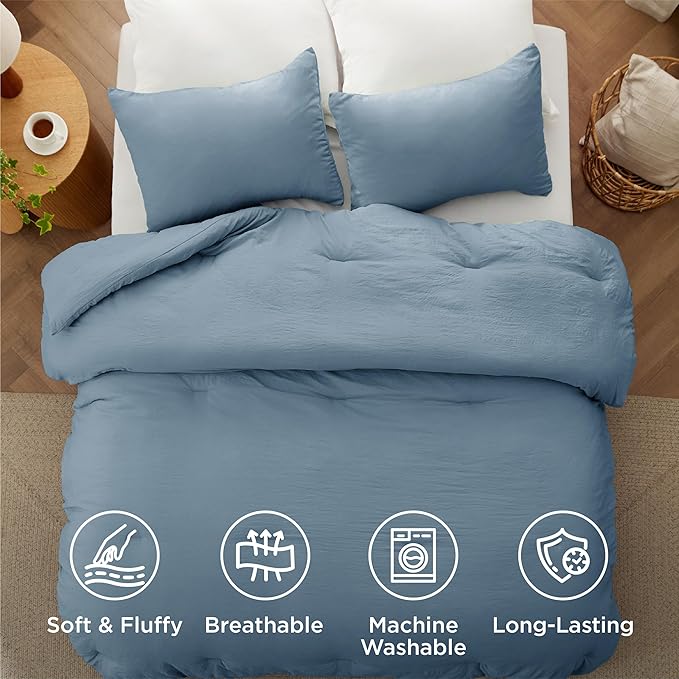 Bedsure Full Size Comforter Set, Grayish Blue Soft Prewashed Bedding for All Seasons, 3 Pieces GentleSoft™ Warm Down Alternative Bed Set, 1 Lightweight Comforter (82"x86") and 2 Pillowcases (20"x26")