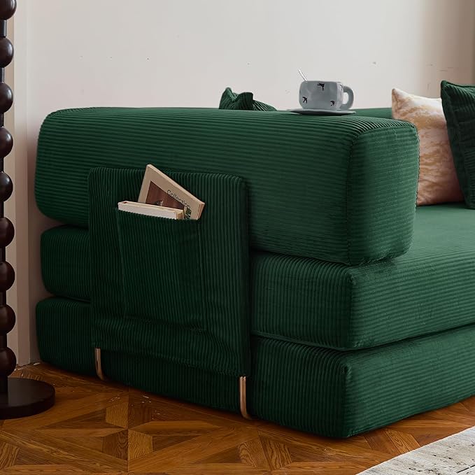 78.8" Convertible Sofa Bed -Compression Sofa with Corduroy Fabric - with Armrests and Backrest - Modular Sectional for Living Room, Bedroom, Studio - Compression Sofa in Box (Dark Green)