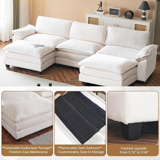 VINGLI 122" Cloud Teddy White Convertible Sectional Sofa, Comfy U-Shape Extra Deep Seat Sofa Couch for Living Room,Modern Chenille 3-Seat Convertible Sofa with 2 Movable Ottomans for Small Space