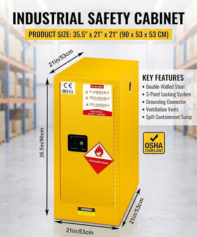35" x 21" x 21"Flammable Safety Cabinet, 30 Gallon Fire Resistant Chemical Storage Cabinet with Adjustable Shelves for Industrial, Commercial, and Home Use，Yellow