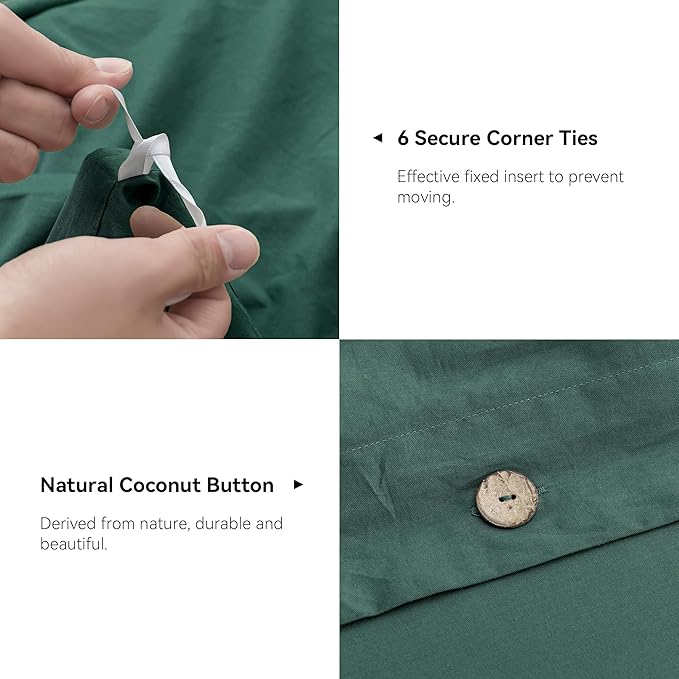 JELLYMONI Cotton Duvet Cover King Size - Dark Green Comforter Cover with Button 100% Washed Cotton 3PCS Breathable Soft Solid Bedding Set Duvet Cover 104×90in & 2 Pillowcases (NO Comforter)