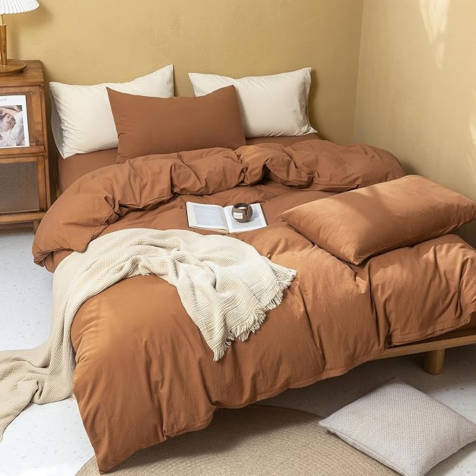 FOSSA Duvet Cover Set 100% Washed Cotton Linen Feel Super Soft Breathable Cozy 3 Pieces Bedding Sets Solid Dark Orange Oversized King Plus