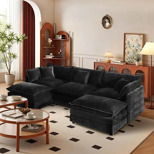 SoarFlash Chenille Sectional Sofa, Comfy L Shaped Modular Coush Sofa with Ottoman, Modern 3 Seat Couch Deep Seat Sofa Set for Living Room,Black