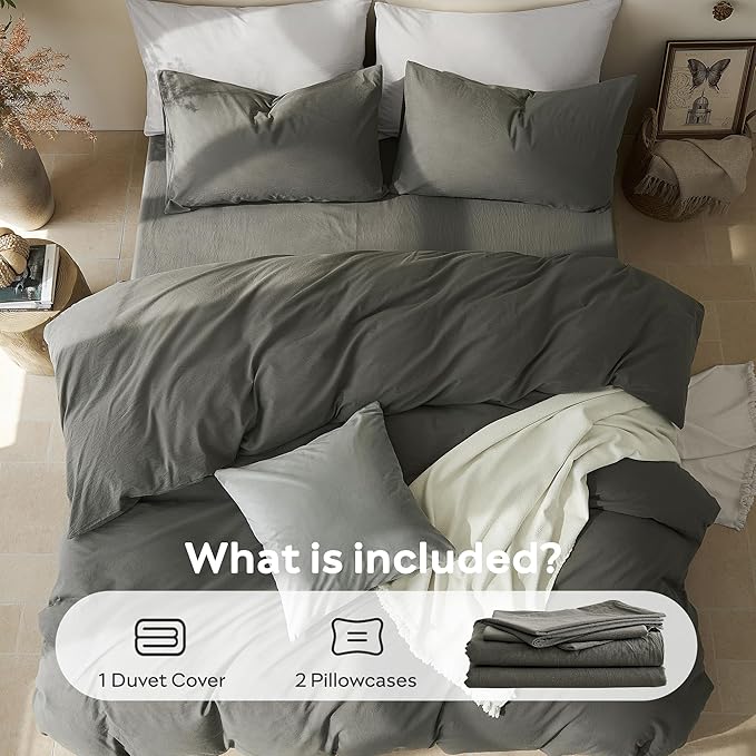 JELLYMONI Duvet Cover Full Size - Washed Cotton Comforter Cover with Linen-Like Texture,Breathable & Soft Bedding for Modern Home,Guest Room and Everyday Use,Dark Grey 1 Duvet Cover & 2 Pillowcases