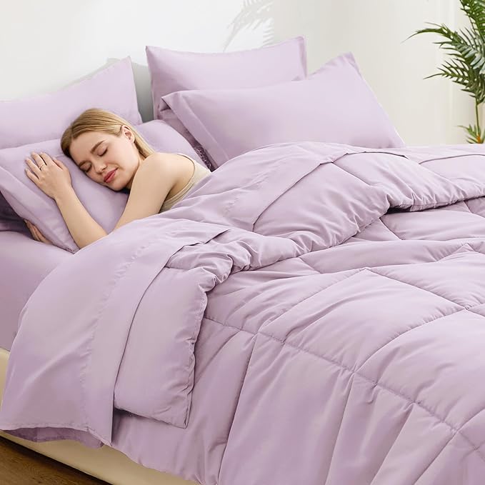 Love's cabin California King Comforter Set Light Purple, 7 Pieces California King Bed in a Bag, All Season Bedding Sets with 1 Comforter, 1 Flat Sheet, 1 Fitted Sheet, 2 Pillowcase and 2 Pillow Sham
